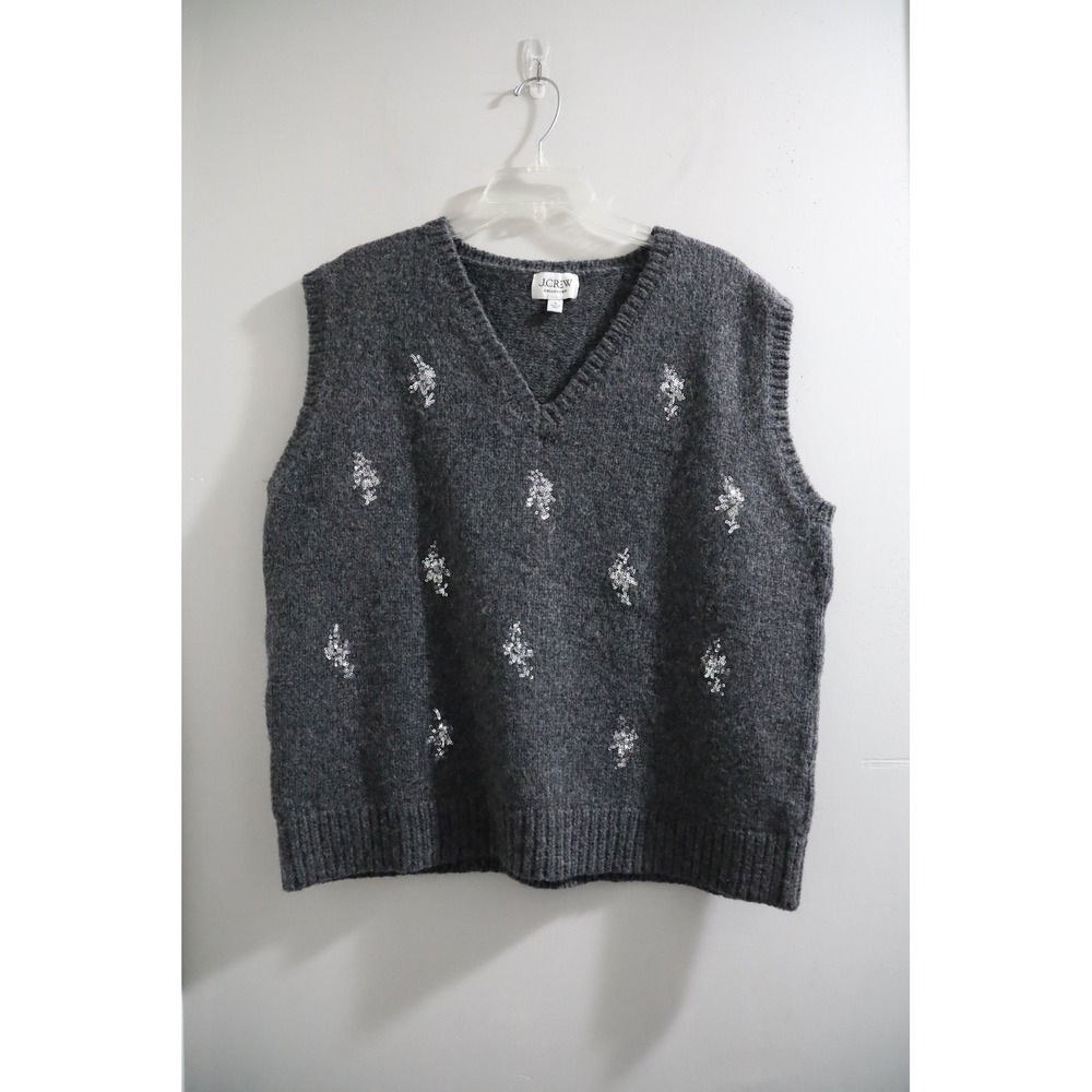 J.Crew Collection Womens XL Charcoal Gray Sequin Floral Wool Alpaca Sweater Vest